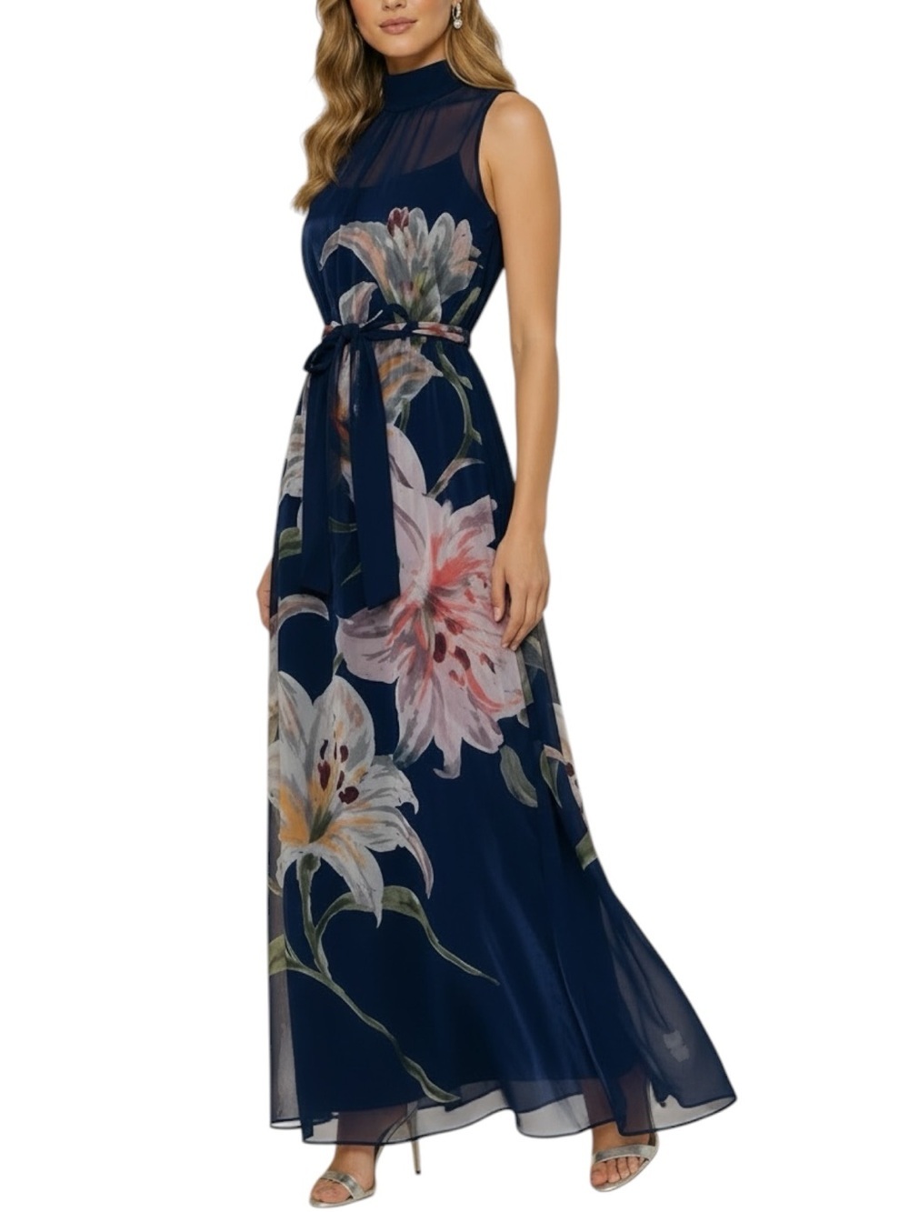 NWT JULIA JORDAN Blue Floral Tie Waist Keyhole Back Tie Organza Dress Size 8